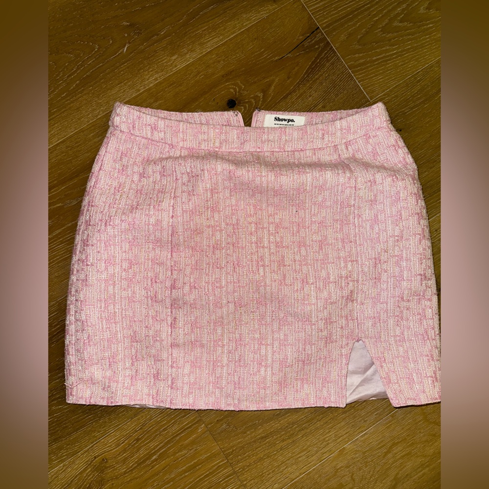 DIANNE TWEED CHECK BOUCLE HIGH WAISTED FITTED MINI SKIRT IN PINK